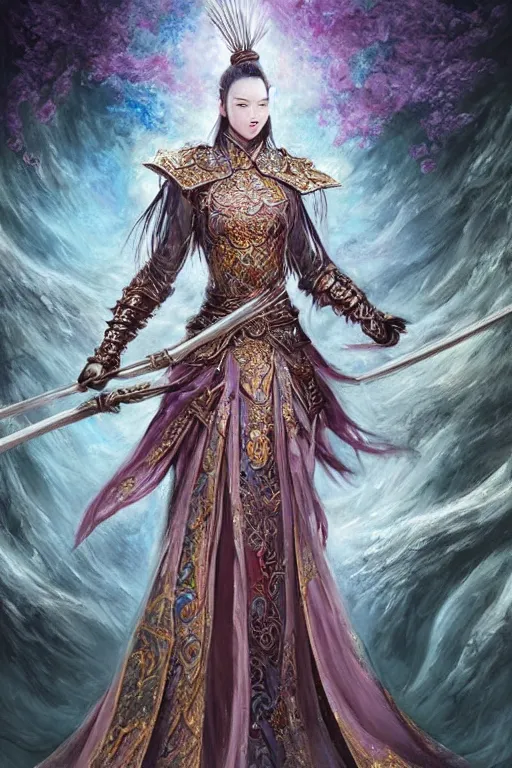 Image similar to beautiful ancient fantasy portrait of wuxia armor heroine, wearing Xian Xia wardrobe, in forbidden City, hybrid from Dynasty Warriror, flowers sea rainning everywhere, intricate, very very beautiful, elegant, highly detailed, digital painting, beautiful glowing galaxy eyes, human anatomy, hyperrealistic, soft light, dynamic, artbreeder, artstation, fantasy concept art, smooth, sharp focus, illustration, art by alphonse mucha and tian zi and WLOP