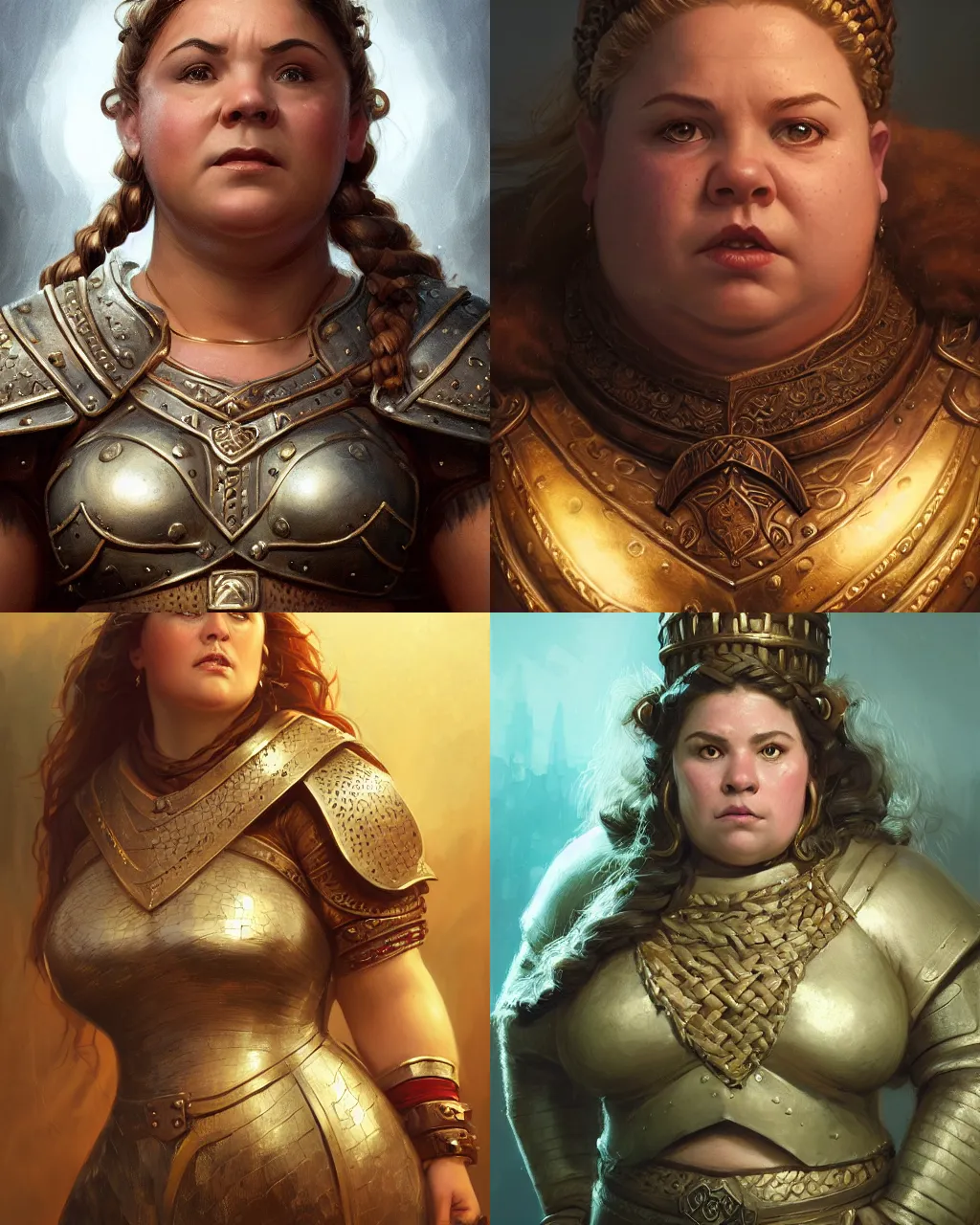 Prompt: portrait, chubby female dwarf queen, bronze dwarven breastplate, elaborated braided hair, regal and proud robust woman, bold serious expression, big nose style by greg rutkowski, wayne reynolds, jeff easley dramatic light, high detail, cinematic lighting, artstation, dungeons and dragons, throne room,