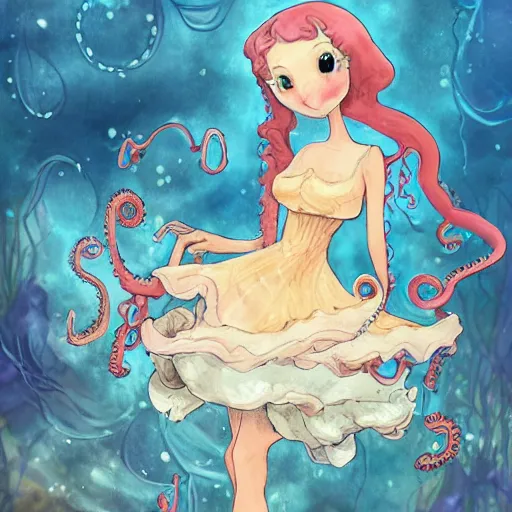 Prompt: a cute octopus girl with a flowy dress under the sea trending on art station fantasy style