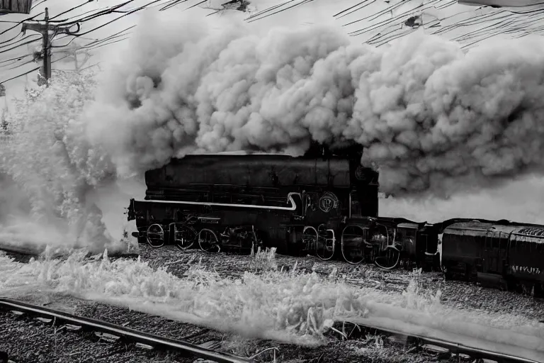 Image similar to black and white photograph of snowpiercer thundering down the rails at high speed, black smoke coming from the locomotive, cinematic, volumetric light, f 6 aperture, cinematic eastman 5 3 8 4 film