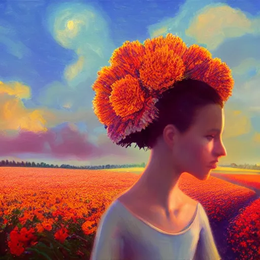 Image similar to girl with a giant carnation head, surreal photography, flower field, sunset dramatic light, impressionist painting, colorful clouds, blue sky, digital painting, artstation, simon stalenhag