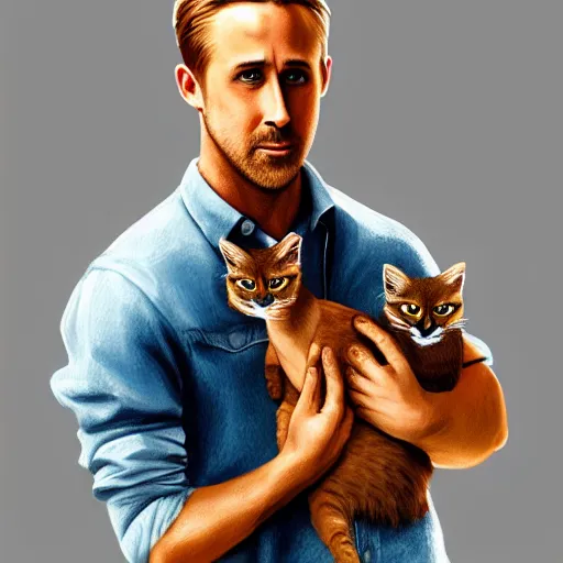 Prompt: Ryan Gosling holds a caracal cat in his hands, ultra highly detailed, smooth, sharp focus, digital art, digital painting, fan art, elegant, artstation