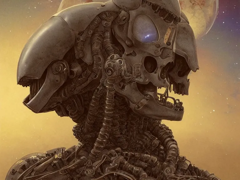 Image similar to a detailed profile illustration of a skeleton in a space armour, cinematic sci-fi poster. technology flight suit, bounty hunter portrait symmetrical and science fiction theme with lightning, aurora lighting clouds and stars by beksinski carl spitzweg and tuomas korpi. baroque elements. baroque element. intricate artwork by moebius. Trending on artstation. 8k