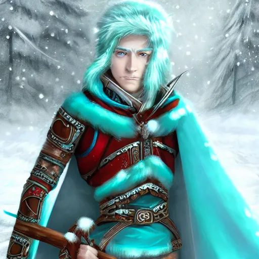 Image similar to handsome male snow elf archer portrait, turquoise cape and silver ornate armour as an archer, magical tundra background, albino skin, perfect face, very coherent symmetrical artwork, trending on artstation, award - winning