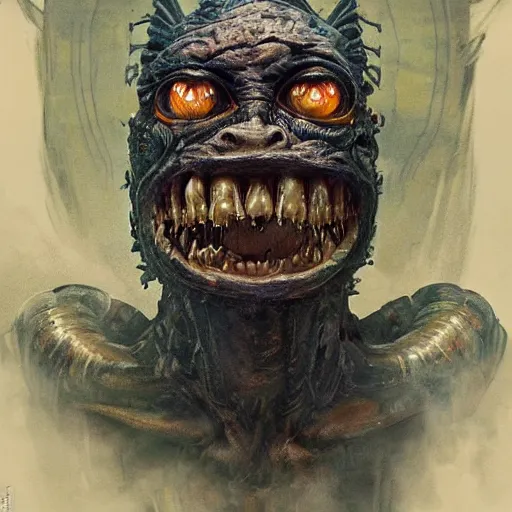 Prompt: ragged cyborg goblin with maniacal expression and bulging eyes inside byzantine hong kong hoarder labaratory, portrait by by greg rutkowski and h. r. giger and stalenhag and deak ferrand, studio ghibli composition