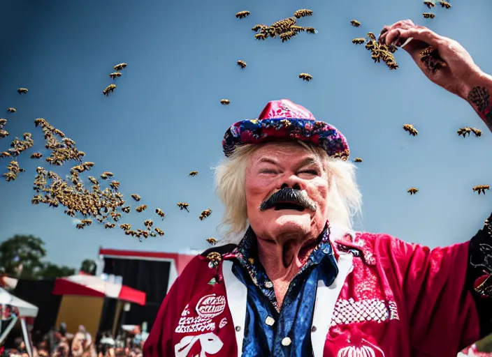 Image similar to photo still of rip taylor at vans warped tour!!!!!!!! at age 6 3 years old 6 3 years of age!!!!!!! throwing bees at a crowd, 8 k, 8 5 mm f 1. 8, studio lighting, rim light, right side key light