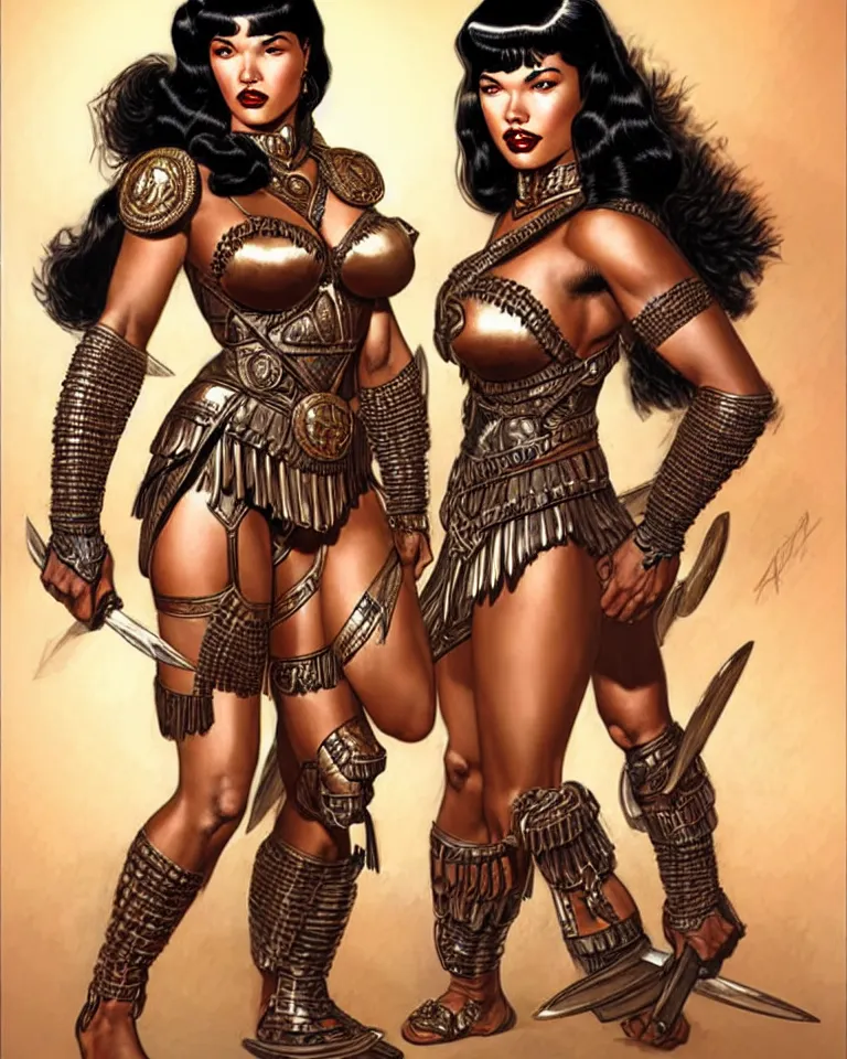 Image similar to a young bettie page as an amazon warrior, tall and beautiful with brown skin and long hair, dressed in hellenistic body armor, intricate, elegant, highly detailed, smooth, sharp focus, detailed face, complete head, one body, art by ardian syaf