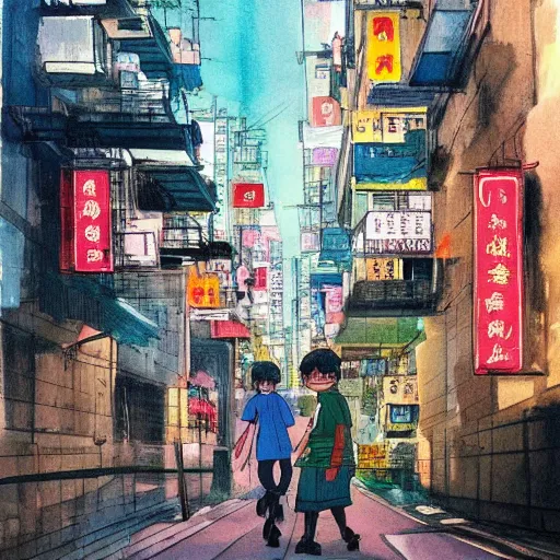 Prompt: a beautiful painting of hong kong street scene, in the style of hayao miyazaki