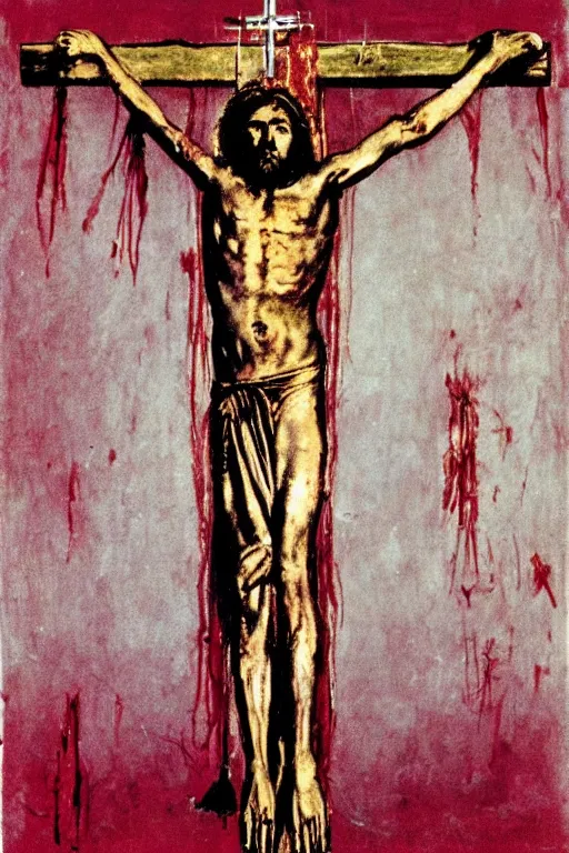 Prompt: bloody jesus christ crucified with a ufo of light above him painted by cy twombly and andy warhol