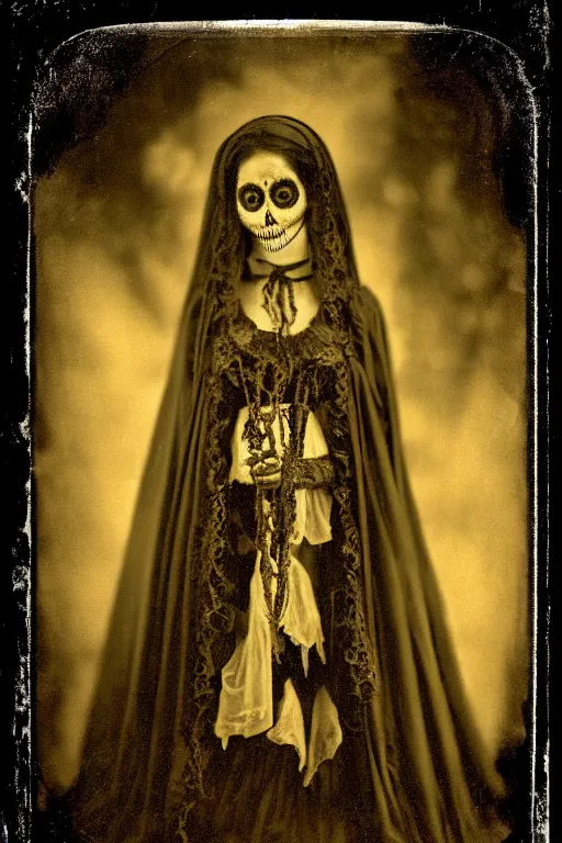 Image similar to tintype, 1 9 0 0's virgin mary dia de muertos dress and make up, horrific beautiful vibe, evocative, atmospheric lighting, painted, intricate, highly detailed, leesha hannigan, wayne haag, reyna rochin, ignacio fernandez rios, mark ryden, iris van herpen, stunning, gorgeous, sharp focus, cinematic, masterpiece