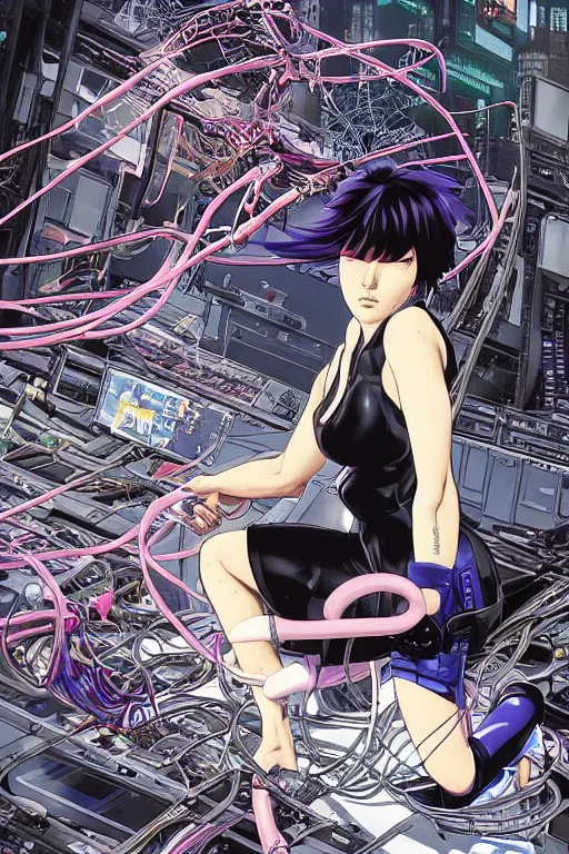 Prompt: motoko kusanagi kneeling on a white in style of masamune shirow, empty floor, with a mess of wires and cables coming out of her head and backside, by Yukito Kishiro and katsuhiro otomo, illustration, cyberpunk, hyper-detailed, colorful, complex, intricate, masterpiece, epic