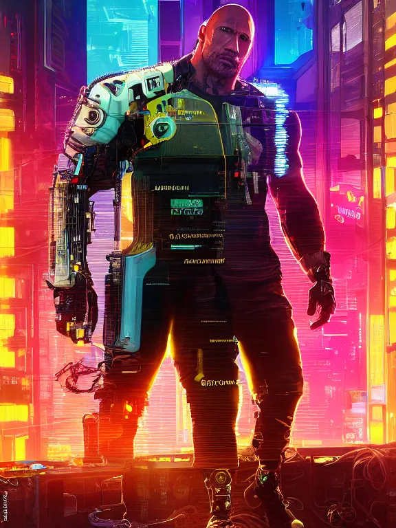 Image similar to a cyberpunk 2077 portrait of Dwayne Johnson put his arms around a female android , complex mess of cables and wires behind them connected to giant computer, love,film lighting, by laurie greasley,Lawrence Alma-Tadema,William Morris,Dan Mumford, trending on atrstation, full of color, highly detailed,8K, octane, Digital painting,golden ratio,cinematic lighting