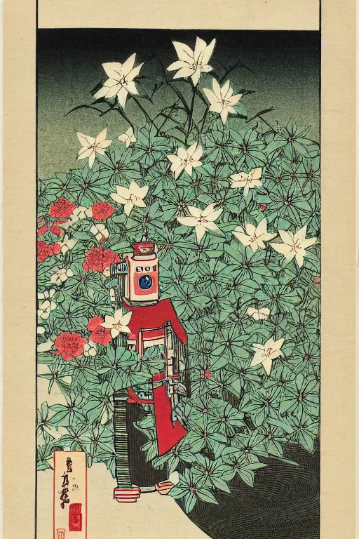 Image similar to Japanese woodblock print of robot gardener amongst the flowers