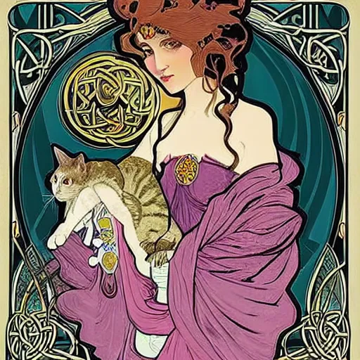 Image similar to lady with long curly hair with a cat beside her, with celtic spread tarot cards on a table in front of her, in a gypsy tent with Alphonse Mucha art nouveau poster style, with thin lines and pastel colors,