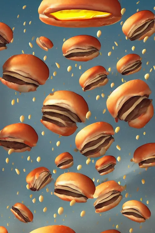 Image similar to hamburgers raining from the sky, digital art, artstation trending, digital painting
