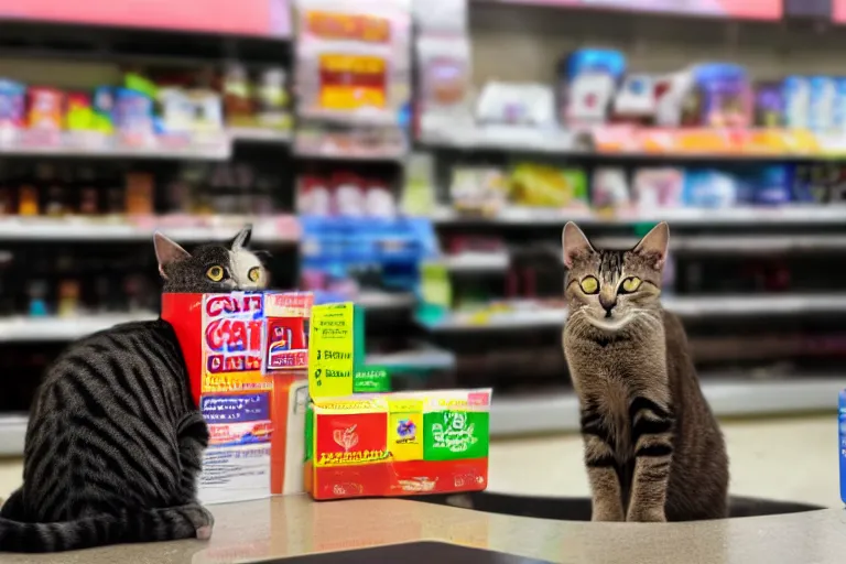 Image similar to cat on the counter in 7 - eleven next to a pack of cigarettes wide angle lens