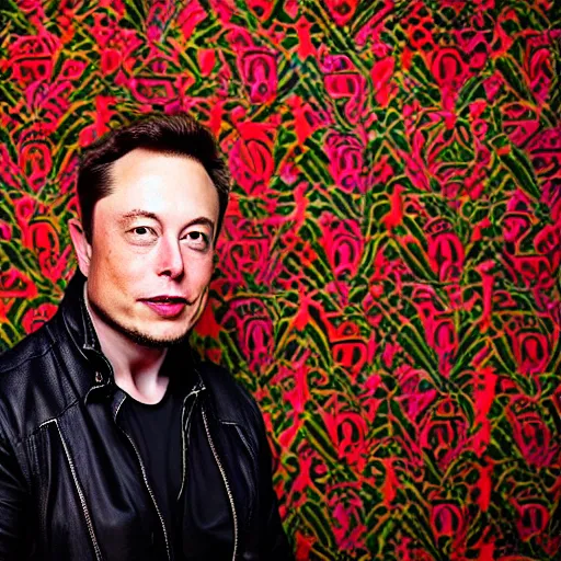 Image similar to A Photo Portrait of elon musk Wearing Indonesian Batik at a fancy Balinese restaurant, award winning photography, sigma 85mm Lens F/1.4, blurred background, perfect faces