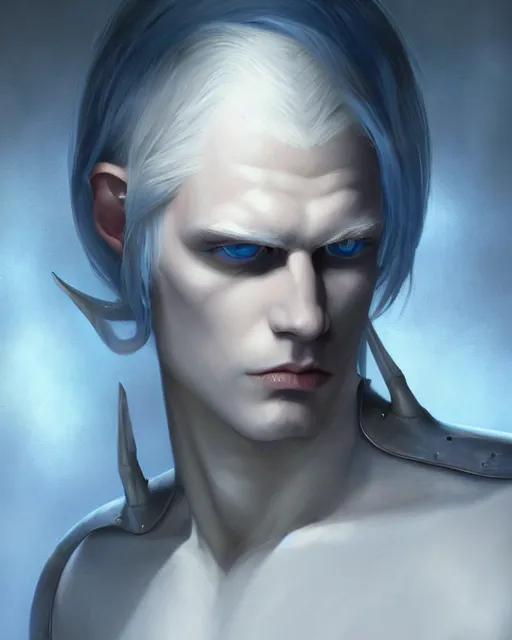 Prompt: character portrait of a slender young white haired half elven man with piercing blue eyes and pale bluish skin, wearing smooth sleek pearlescent black wraithbone powerarmor, by greg rutkowski and mark brookes and jim burns and tom bagshaw and magali villeneuve, trending on artstation