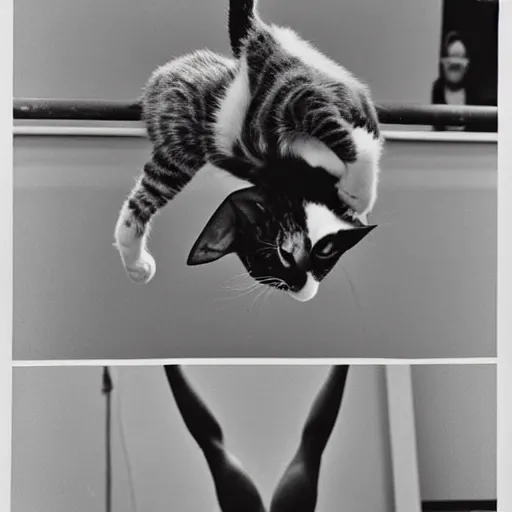 Prompt: 35mm Kodak photos of beautiful cats doing gymnastics