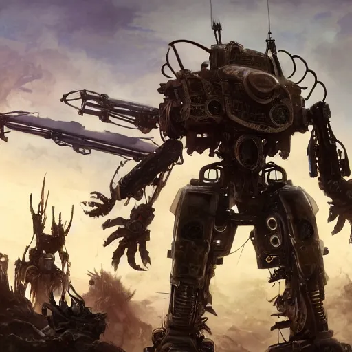 Prompt: gigantic bipedal humanoid robotic war machine standing in a battlefield, full body image, steam punk, sci-fi, extremely detailed digital painting, in the style of Fenghua Zhong and Ruan Jia and Jermy lipking and peter mohrbacher, mystic colors, highly detailed, deep aesthetic, 8k, highly ornate intricate details, cinematic lighting, rich colors, digital artwork, ray tracing, hyperrealistic, photorealistic, cinematic landscape, trending on artstation,