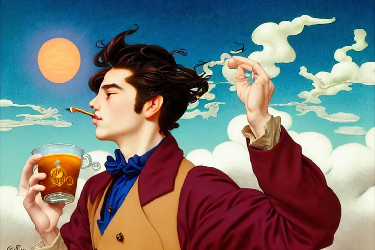 Prompt: portrait of a ( ( ( una taza de cafe grande y morada ) ) ), ( ( guapo joven caliente espanol alegre ) ), lleno de nubes y magia, el sol, concept character, by greg rutowski and tezuka and oi and mucha and bierstadt and remington, trending on artstation