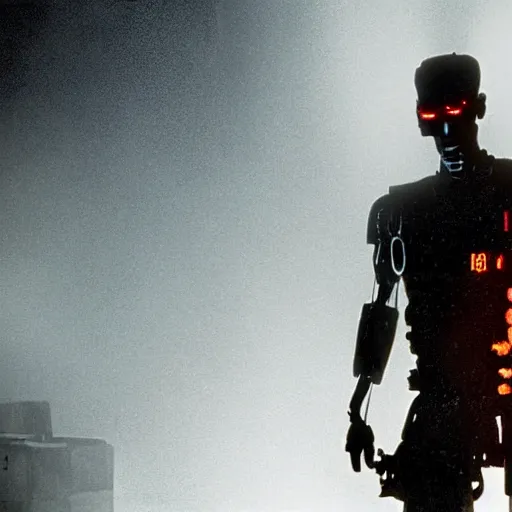 Image similar to soldier who is made of rock, smoking a cigarette, still from the movie universal soldier, still from the movie terminator, fog, dramatic lighting, cinematic, 4 k, full body shot, backlit, rim lighting, full body photgraph, shap, football armor, cyberpunk, bladerunner, extreme detail, light rain, trending on artstation, spot light