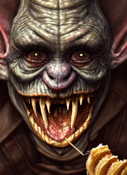 Image similar to closeup profile face portrait of a medieval goblin eating cakes in the cloisters, beautiful face, hyper realistic, highly detailed, digital painting, artstation, illustration, concept art by hyung tae, frank frazetta, bosch, giger, digital paint, matte paint, washed colors, dark, gloomy