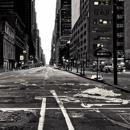 Image similar to color photograph, highly detailed abandoned New York city street at night after the war between humans and AIs, film grain, soft vignette, Canon EOS Digital Rebel XTi, 100-300mm Canon f/5.6, Exposure time: 1/160, ISO 400