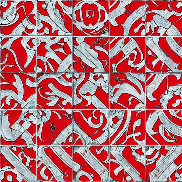 Image similar to a digital painting of medieval floor tiles, alternating red and white with images of heraldic roses, highly detailed, digital art, artstation hd