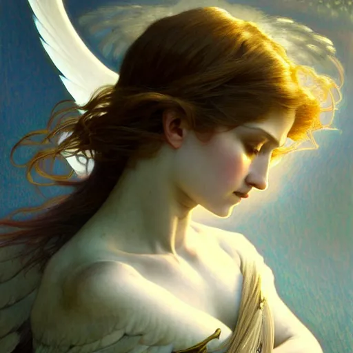 Prompt: Winged girl angel, face, fantasy, intricate, elegant, dramatic lighting, highly detailed, lifelike, photorealistic, digital painting, artstation, concept art, smooth, sharp focus, illustration, art by John Collier and Krenz Cushart and Artem Demura and Alphonse Mucha and and Albert Aublet