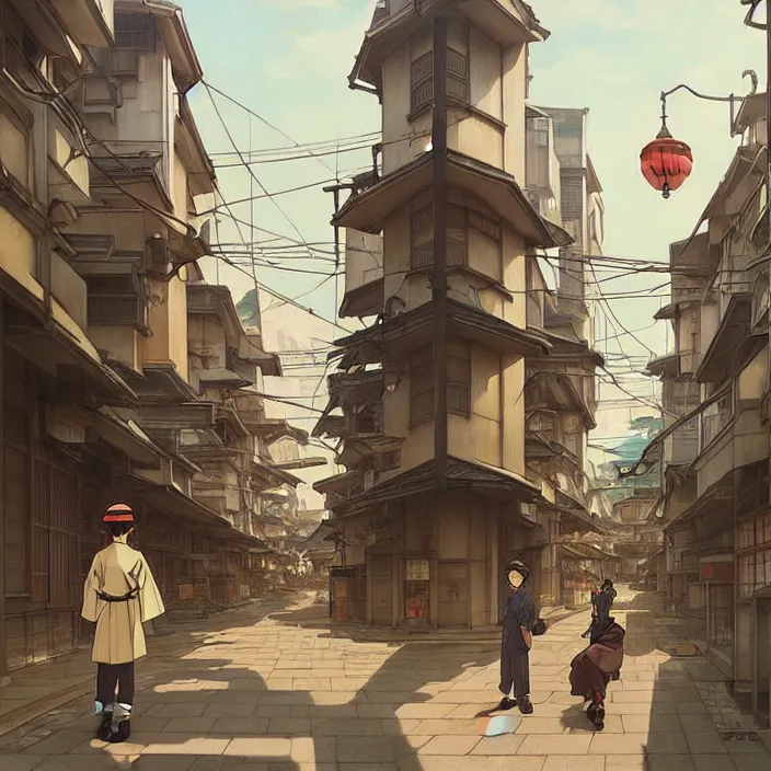 Image similar to empty japanese city, spring, in the style of studio ghibli, j. c. leyendecker, greg rutkowski, artem