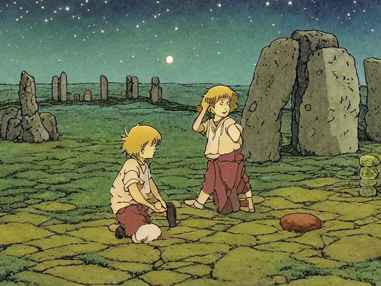 Image similar to cell shaded studio ghibli movie still fantasy concept art of a kid playing with stones like they are toys in stonehenge. it is a misty starry night. by rebecca guay, michael kaluta, charles vess