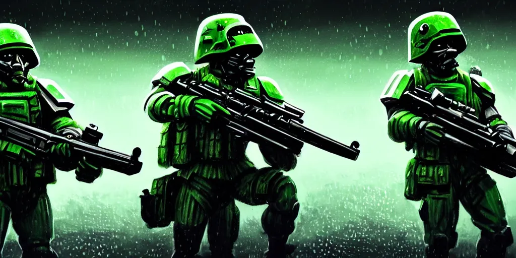 Image similar to A detailed sketch of two guerilla soldiers with green plasma rifles with revolver drums wearing grey armour with dark green stripes and full helmets with dark green visors, night, rain, water drops on the lense, a complicated black spaceship with green lights in the background, realistic 4k octane beautifully detailed render, 4k post-processing, highly detailed, intricate complexity, epic composition, magical atmosphere, cinematic lighting, masterpiece, ultra hd