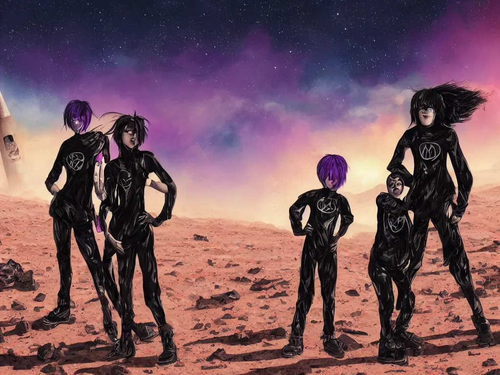 Prompt: portrait of some frightened overweight emo teenagers with emo haircuts wearing gothy purple and black space spandex suits, standing next to burning spacecraft wreckage, on the rocky surface of mars, sunset, sand storm approaching, highly detailed, cinematic, artstation, sharp focus, illustration