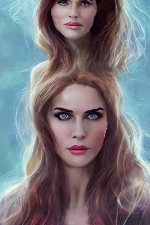 Image similar to mix of beautiful young maria shriver, mariel hemmingway, brooke shields, nicole kidman and elle macpherson as a mermaid, thin lips, hair tied up in a pony tail, dark hair, colorful, artstation, cgsociety