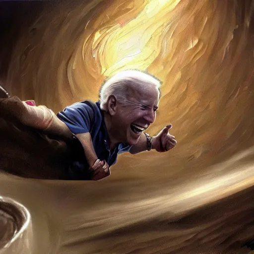 Prompt: highly detailed oil painting, concept art, joe biden laughing hysterically while getting sucked into a black hole, concept art, highly detailed
