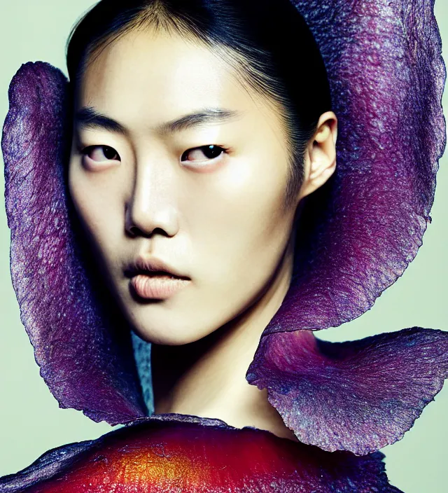 Image similar to photography facial portrait of liu wen, natural background, natural pose, wearing stunning cape by iris van herpen, with a colorfull makeup. highly detailed, skin grain detail, photography by paolo roversi, nick knight, helmut newton, avedon, araki