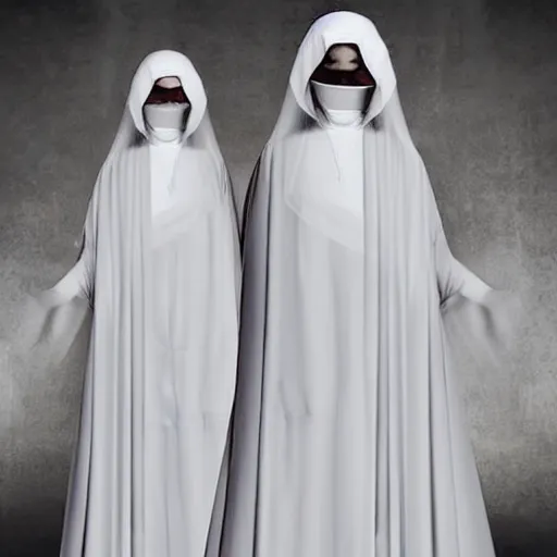 Image similar to hyper realistic, award winning photo two Hovering twin nuns wearing hoods, buxom chested blindfolded wearing translucent veils see through dress, Very long arms, floating nuns, bedroom, eerie, frightening, highly detailed, photorealistic, colorized —width 1024 —height 1024