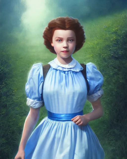 Image similar to dorothy from the wizard of oz, perfect face, blue dress over white shirt, cinematic, stunning, highly detailed, digital painting, artstation, smooth, hard focus, illustration, art by jessica rossier and and brian froud