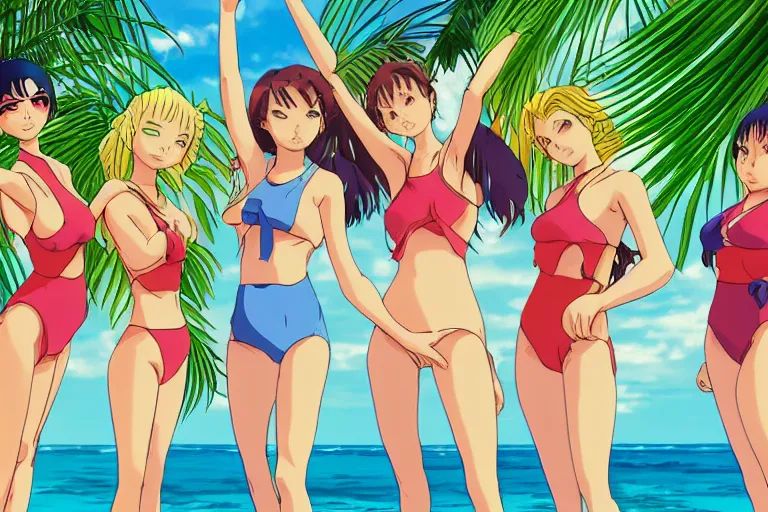 Image similar to cell shaded anime key visual of group of girls in swimsuits on a tropical beach with large crystals in the sand in the style of studio ghibli, moebius, makoto shinkai, dramatic lighting