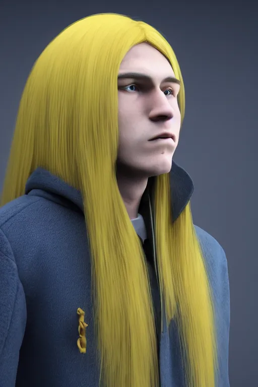 Image similar to a male teenager with long blue hair and yellow eyes wearing a winter overcoat, hyperrealistic, concept art, octane render, unreal engine 5, trending on artstation, high quality, 8 k, highly detailed, digital art, anatomically correct, symmetrical, realistic and defined face, high coherence, path traced, face portrait, yellow eyes, blue hair