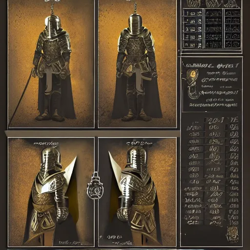 Prompt: character sheet of a medieval knight wearing black armor with golden engravings, concept art, multiple angles, highly detailed, upscaled, 4k resolution, outstanding