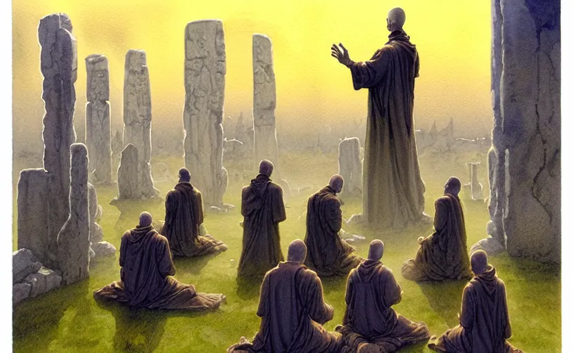 Prompt: a hyperrealist watercolour character concept art portrait of a group of catholic european monks kneeling down in prayer to a tall elegant lovecraftian alien on a misty night in stone henge. a battlecruiser starship is in the background. by rebecca guay, michael kaluta, charles vess and jean moebius giraud