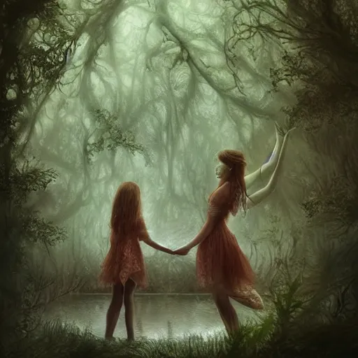 Image similar to sensual woman and her daughter making a sacrifice in a magical forest by leesha hannigan, fantasy, highly detailed faces, magical forest, pond, fog, digital art, artwork