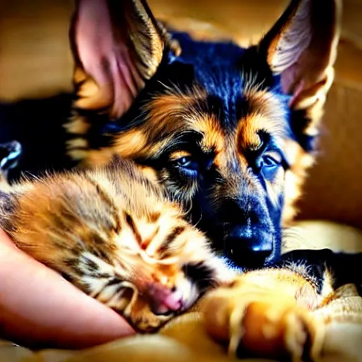 Image similar to detailed german shepherd sleeping in arms with a detailed kitten