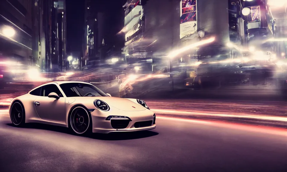 Image similar to photo of a porsche 911 at night drifting through a city, octane render, cinematic, 4k, long exposure photography, tokyo drift, fast and furious, film still, night photography, motion blur, lens flare, movie shot, light trail, distortion, wide angle