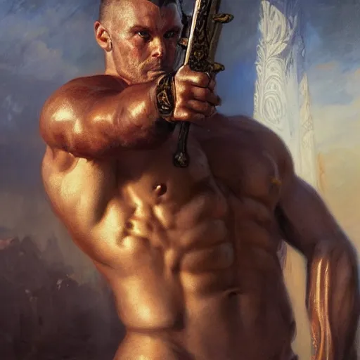 Prompt: handsome portrait of a spartan guy bodybuilder posing, radiant light, caustics, war hero, beach paradise, by gaston bussiere, bayard wu, greg rutkowski, giger, maxim verehin