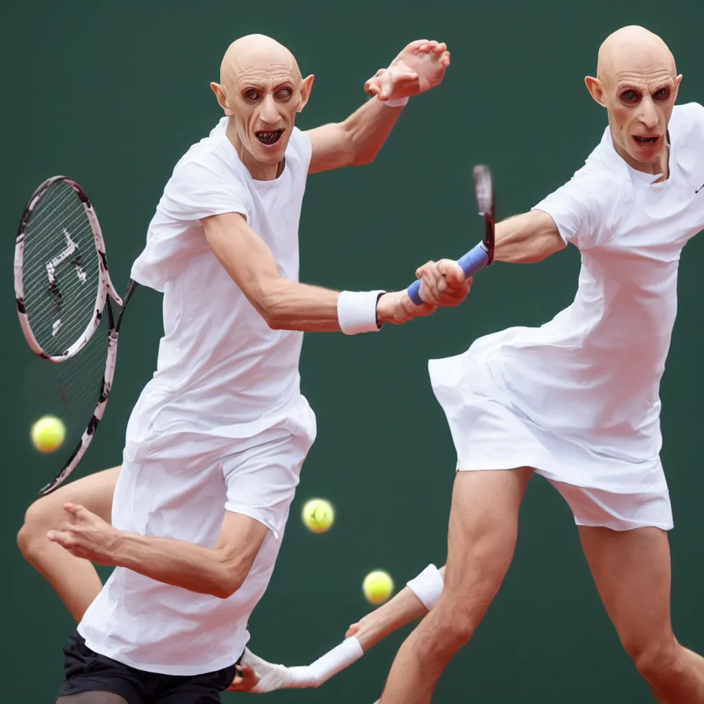 Prompt: nosferatu is playing tennis in roland garros