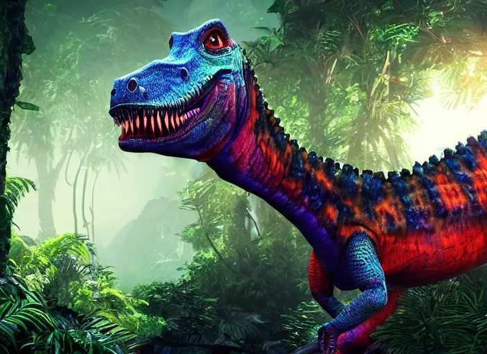 Image similar to a cg render of a colorful 🦖 in a noir galactic jungle, 8 k, unreal engine, detailed, hyperrealistic, octane