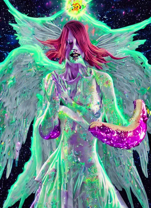 Prompt: a suited zombie angel spirit being, covered with pastel glitter glue slime, fashion model pose, full body maximalist cosmic eldritch character design, early computer graphics by dan mumford, surrounded by stars and jester plushies, realistic light and shadow effects, maximalist background